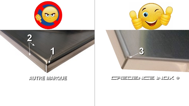 1 pliage non jointif sur inox 1 mm, 2 traces de pliage 3 pliage angle jointif sans aucune trace